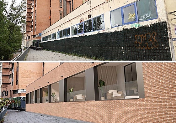 Arriba, estado actual de la antigua academia. Sobre estas líneas, recreación tras la reforma que comenzará después del verano.