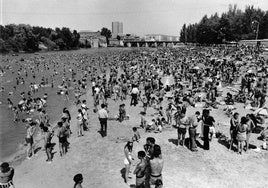 Bañistas disfrutan del verano en una abarrotada playa de Las Moreras de los años sesenta.