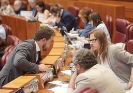 Miguel Suárez (Vox) habla con Pablo Fernández (Unidas Podemos) durante el Pleno del miércoles.