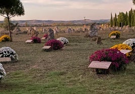 Tumbas conmemorativas con macizos de flores y placas que recuerdan a fallecidos con breves dedicatorias y, al fondo, estelas de la necrópolis.