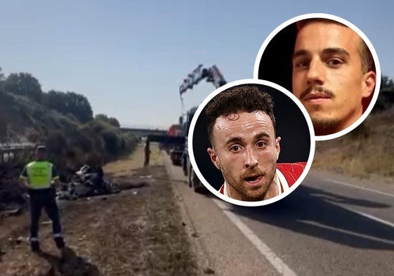 El vehículo calcinado en el que viajaban los hermanos futbolistas; en los círculos, a la izquierda, Diogo Jota; a la derecha, su hermano André Felipe.