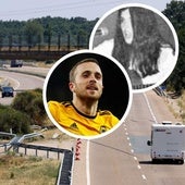 La autovía de las Rías Bajas, en el lugar donde tuvo el accidente de Diogo Jota. Arriba, el futbolista y la cantante Cecilia.