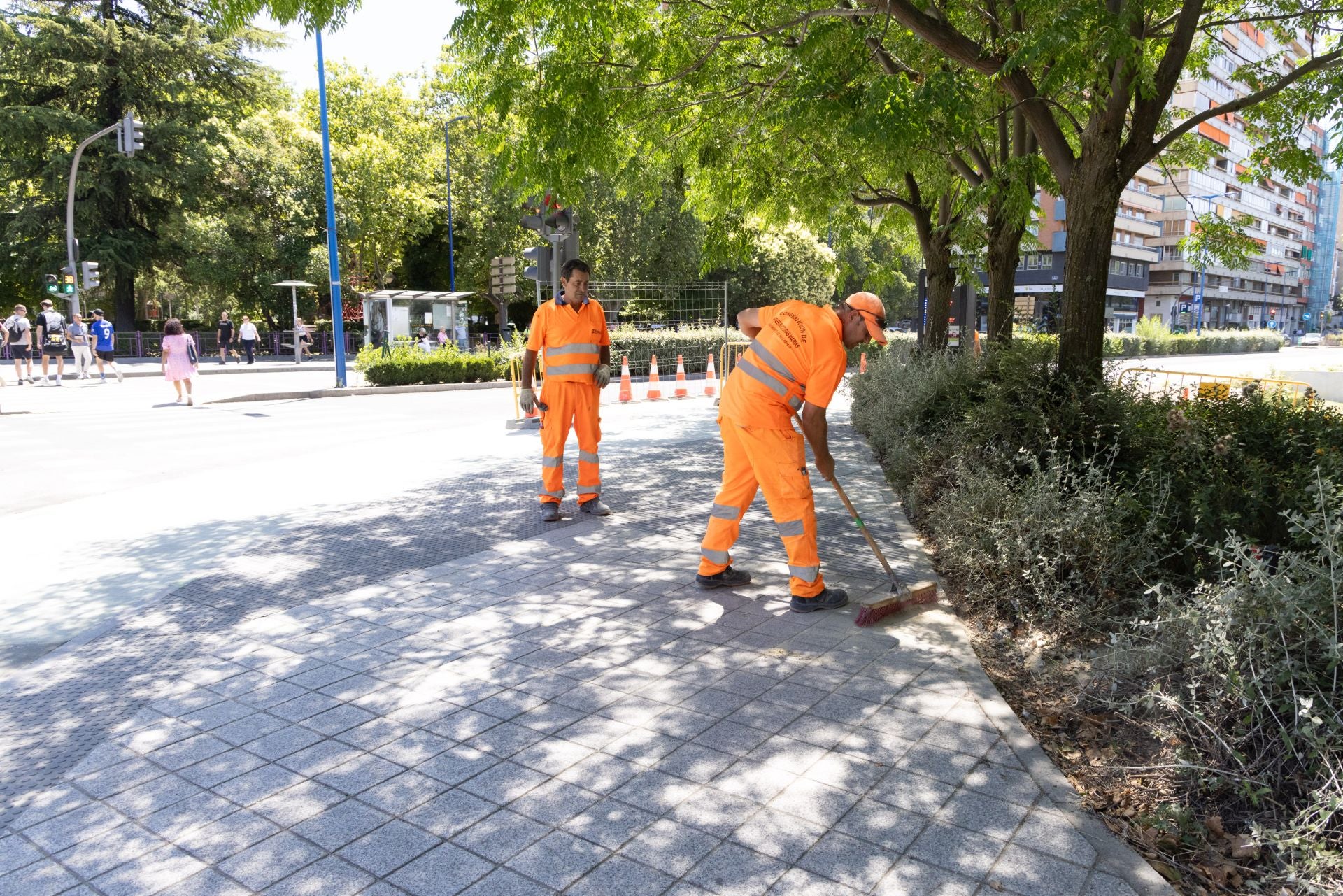 Operarios trabajando en el entorno del paso de cebra de Isabel la Católica