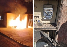 A la izquierda, las llamas devoran el contenedor junto al colegio; a la derecha, el cuadro eléctrico destruido.