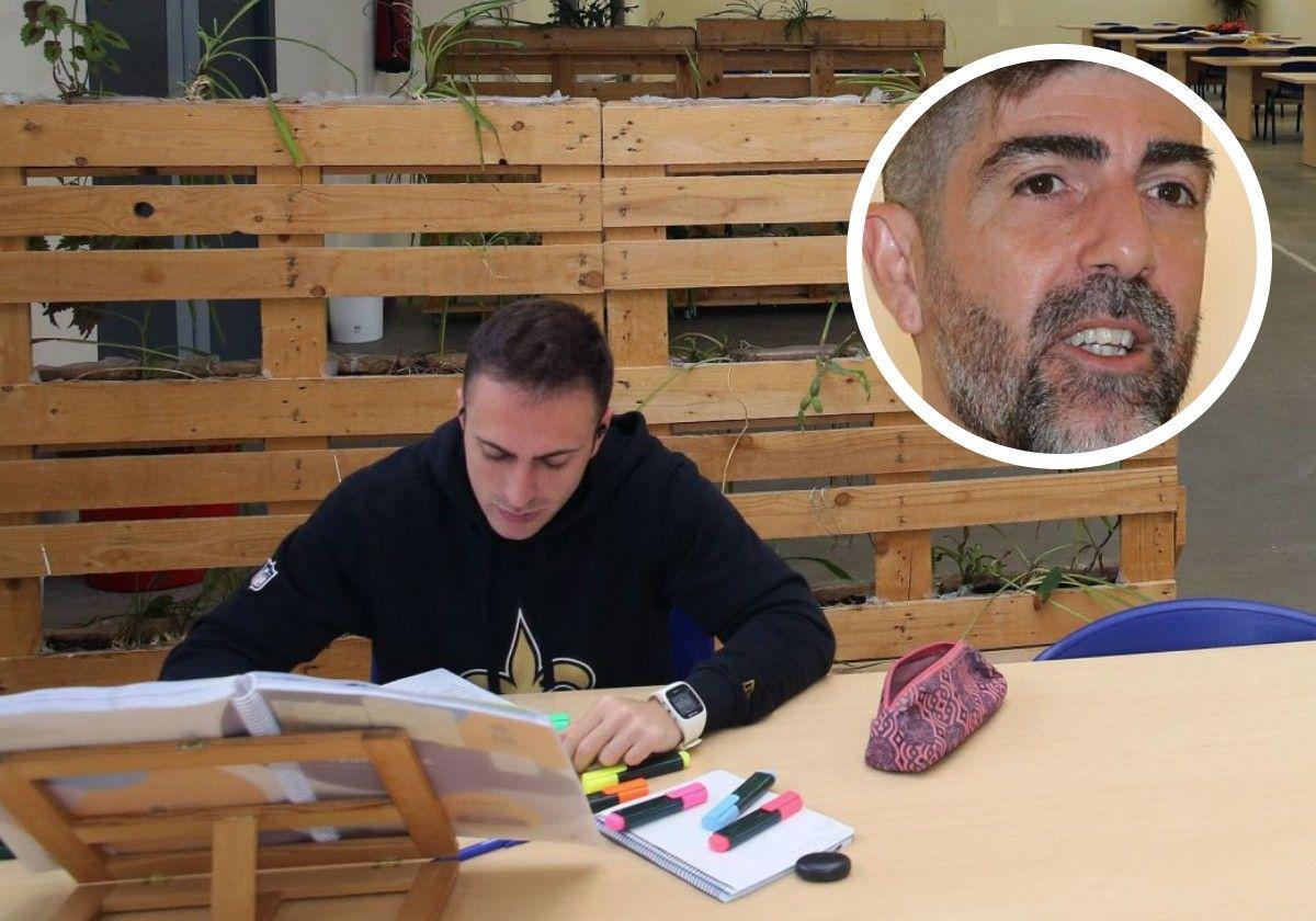 Un joven estudia en la sala del barrio de San José, y en el círculo, el concejal de Segovia en Marcha, Guillermo San Juan.