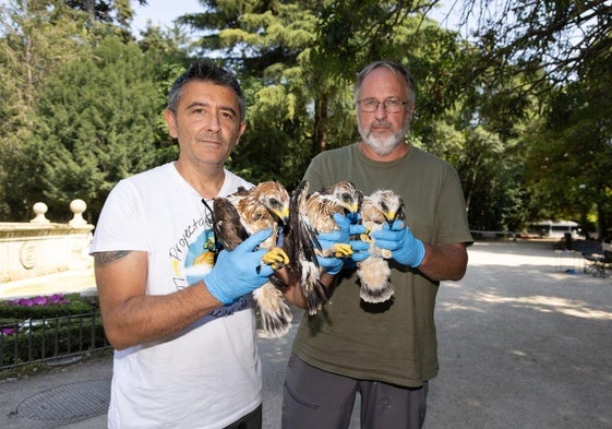 Ignacio García Dios y Javier de la Puente, con los tres pollo del águila calzada.