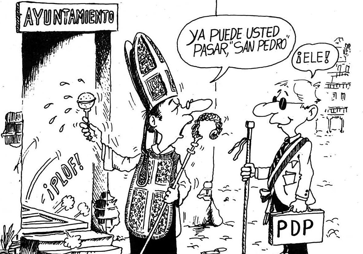 Imagen principal - Arriba, el chiste ganador. Abajo, Molero en un acto de la Diputación junto a Emilio Zapatero (a su derecha), y primer plano del abogado y candidato del PDP a las elecciones municipales de 1987.