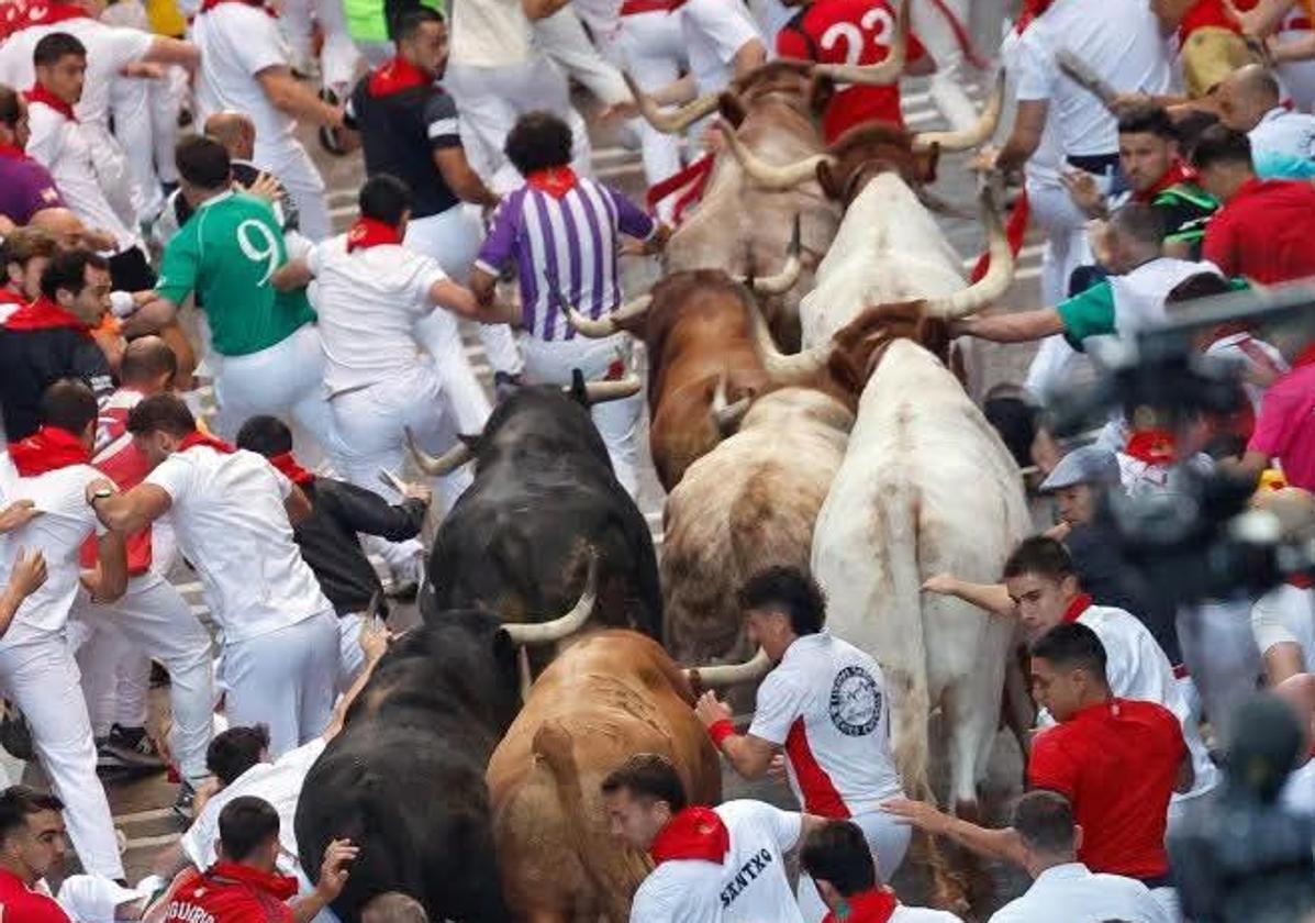 El vallisoletano Fernando del Valle corre ante los astados con sus distintiva camiseta blanquivioleta.