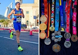El palentino Rubén Martínez en el maratón de Dubai y detalle de las medallas conseguidas en todas las pruebas.
