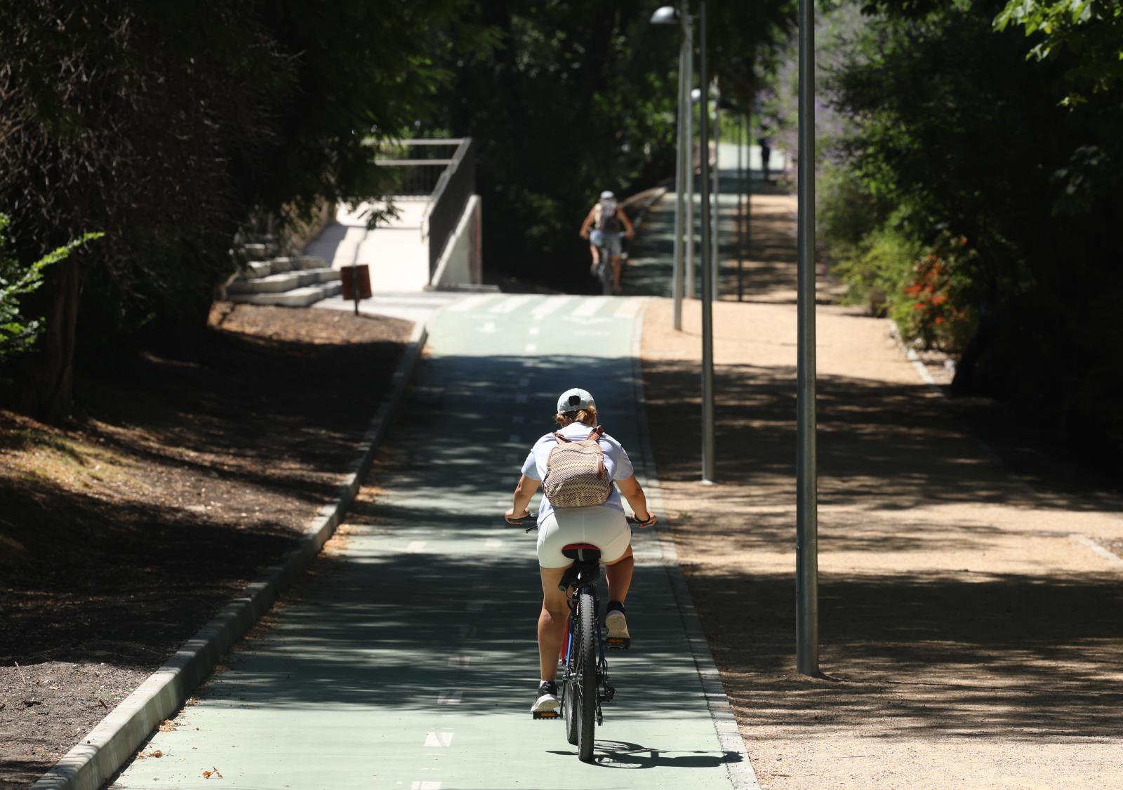 Una ciclista recorre el tramo del carril bici en el tramo que discurre entre La Rosaleda y el puente de Isabel la Católica.