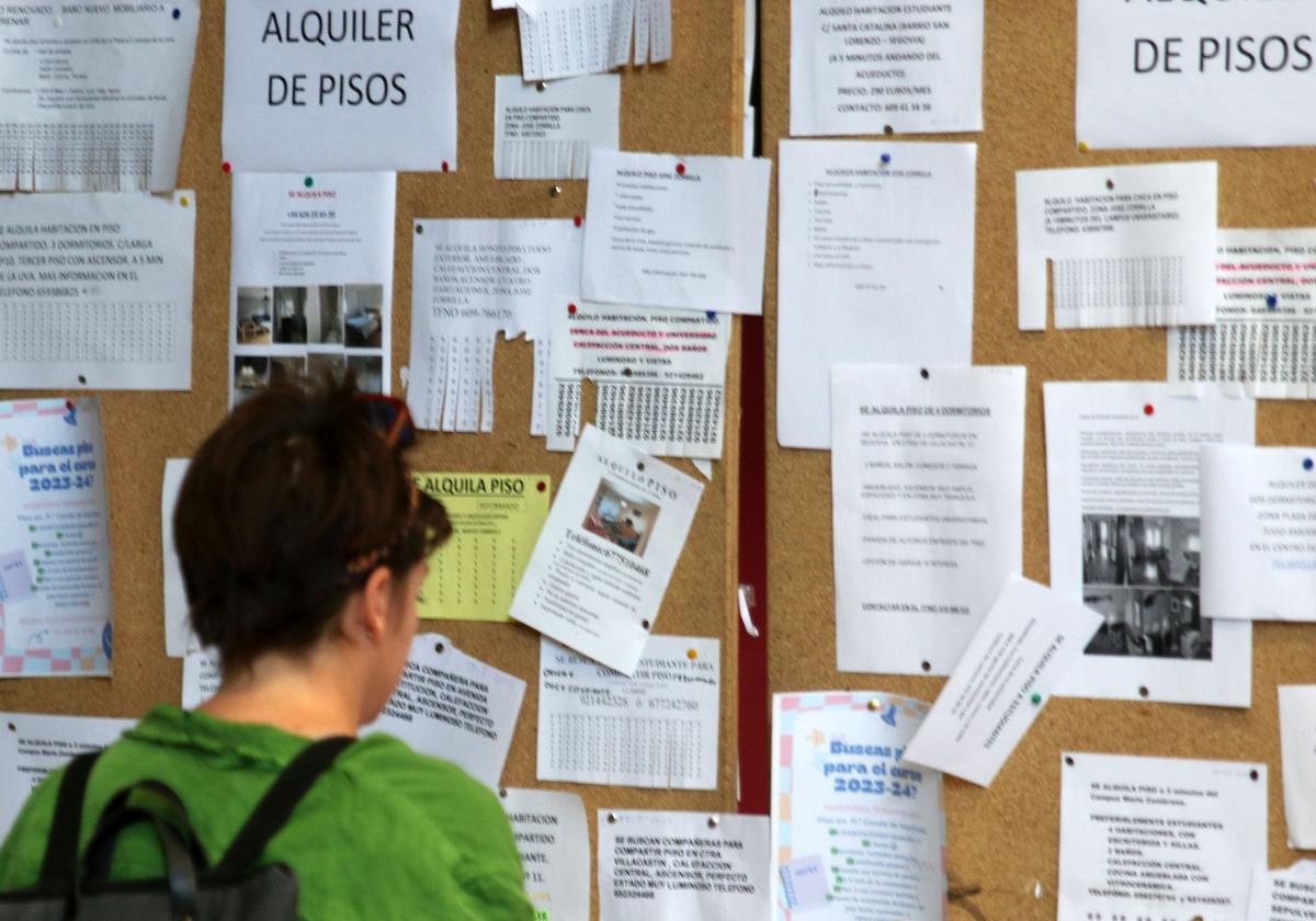 Un joven universitario observa anuncios de pisos en alquiler colocados en un tablón.