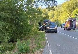 Los servicios sanitarios y los bomberos auxilian en el vehículo siniestrado.