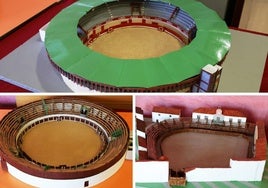 Evolución (en marquetas) de la plaza de toros de Pedrajas. Arriba, la actual. Debajo, a la izquierda, la de 1969. A la derecha, la primitiva del siglo XIX.