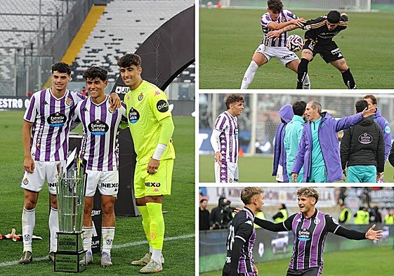A la izquierda, David Torres, Maroto y Aceves posan con el Trofeo Desafío Centenario. A la derecha, el propio Koke, Iván Alejo y Chuki y Jorge Delgado.