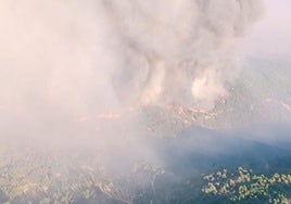 Aspecto del incendio en las inmediaciones de la localidad abulense de Mombeltrán, este martes por la mañana.