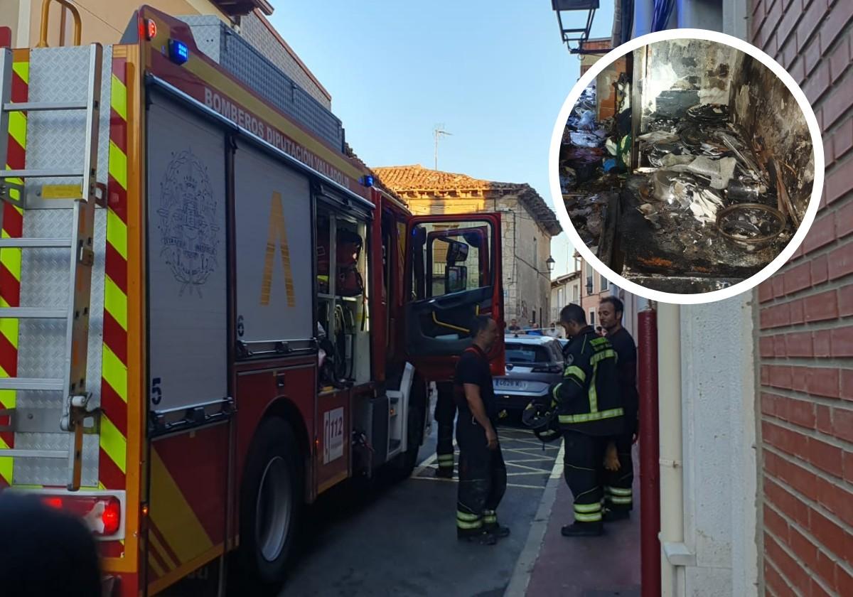 Los bomberos en el exterior de la vivienda afectada. En detalle, interior de una de las estancias calcinadas.