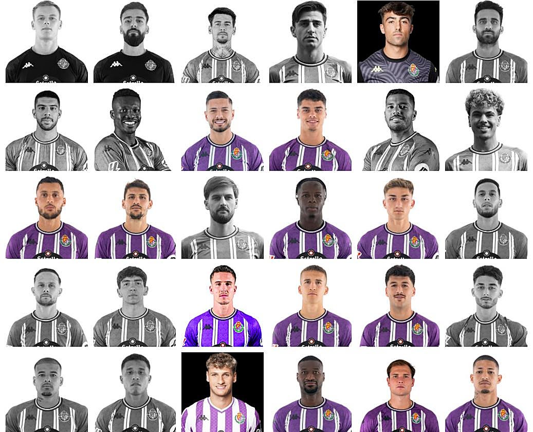 En color, los jugadores que siguen en la primera plantilla del Real Valladolid; en sepia, los que han abandonado el vestuario.