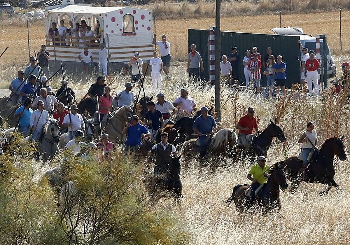 Un momento del encierro a caballo de este lunes en Íscar.
