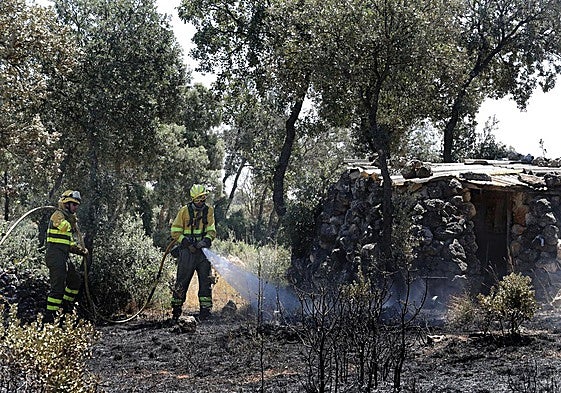 Los bomberos sofocan el pasado 21 de julio una zona del Monte el Viejo afectada por un incendio.