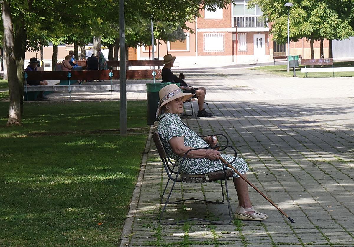 Palentinos a la sombra en la avenida Derechos Humanos, protegidos del sol con sombreros.