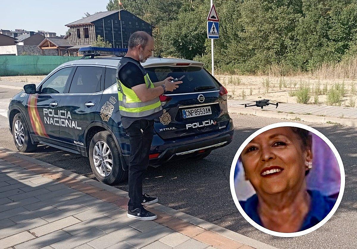 Un policía, con un dron empleado en la búsqueda de la mujer de 67 años desaparecida.