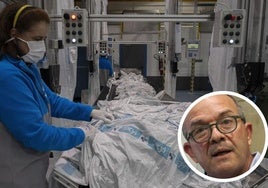 Una planta de la empresa encargada ahora de la lavandería del hospital, y en el círculo, el gerente de Asistencia Sanitaria de Segovia, Luis Gómez de Montes.