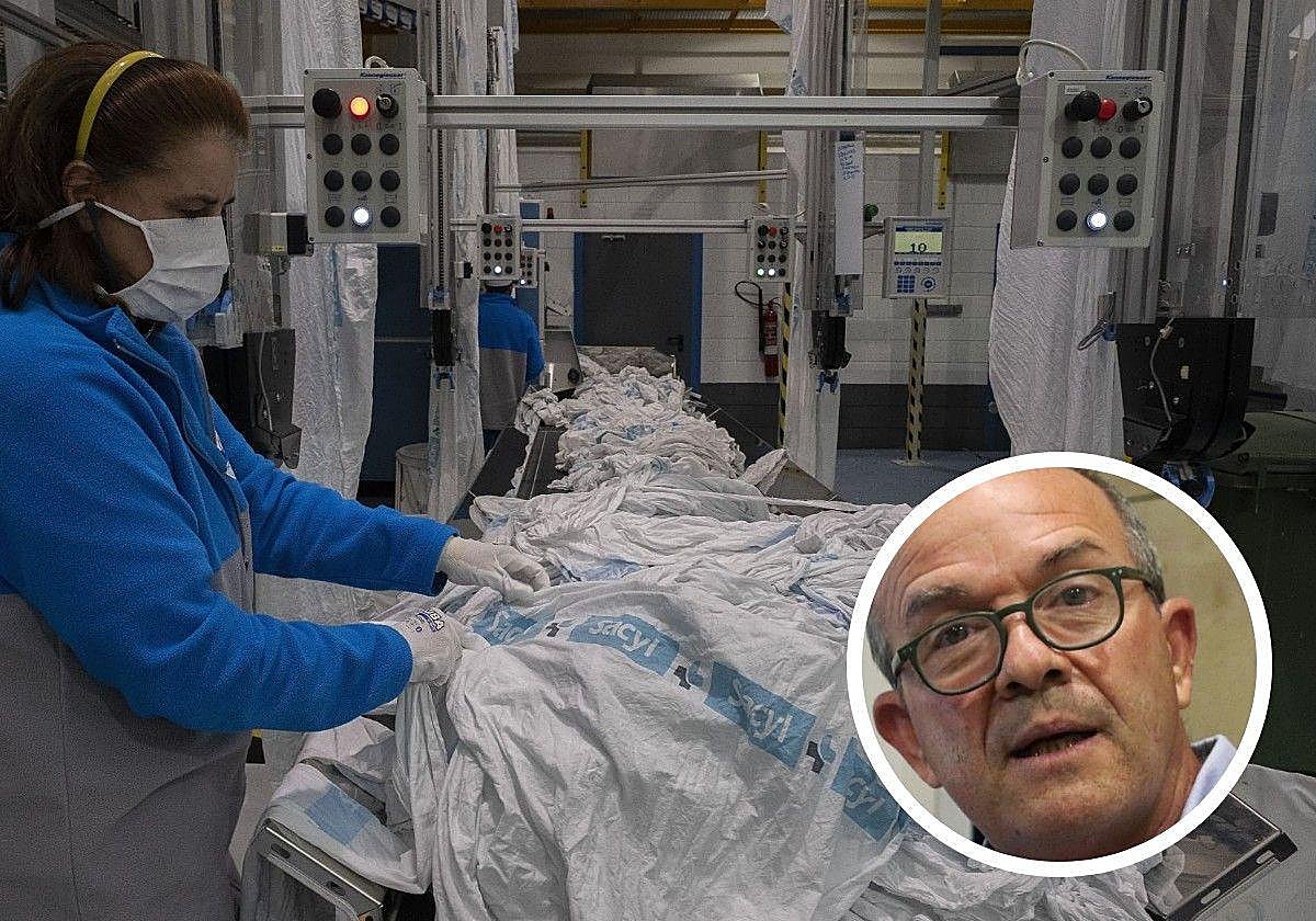 Una planta de la empresa encargada ahora de la lavandería del hospital, y en el círculo, el gerente de Asistencia Sanitaria de Segovia, Luis Gómez de Montes.