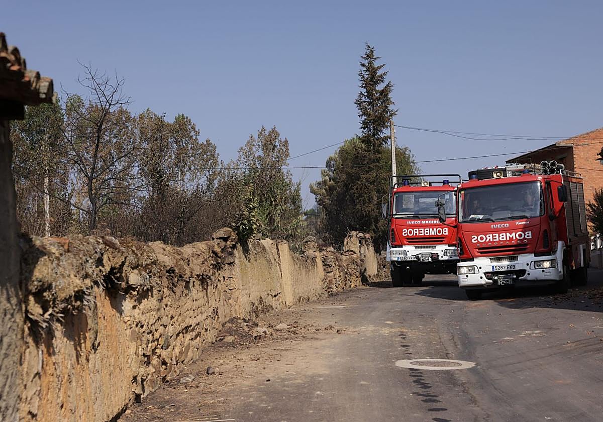 Dos camiones de bomberos, en una de las calles de la localidad zamorana de Carracedo de Vidriales.