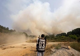 Vecinos de Calaveras de Arriba observan el fuego, que se ha reavivado este domingo.