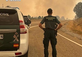 Un guardia civil observa el humo en las inmediaciones de Guardo.