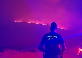 Un guardia civil frente al incendio en la Laguna de los Peces.