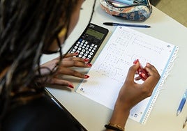 Una alumna repasa los apuntes de matemáticas, en un aula de Valladolid.