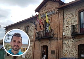 En grande, fachada del Ayuntamiento de Navas de Oro; en pequeño, el alcalde Raúl Vela López.