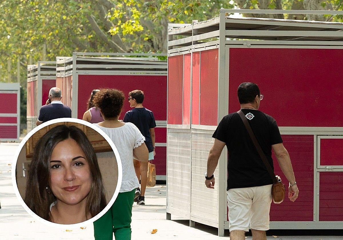 Casetas metálicas para la Feria de Día en la Acera de Recoletos. En el círculo, la concejala de Turismo, Blanca Jiménez.