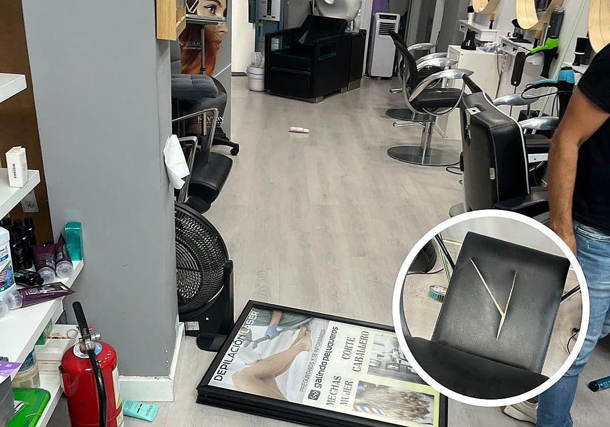 Estado en el que quedó la peluquería Galindo de la avenida de Segovia tras el robo. En el círculo, uno de los sillones rajados.