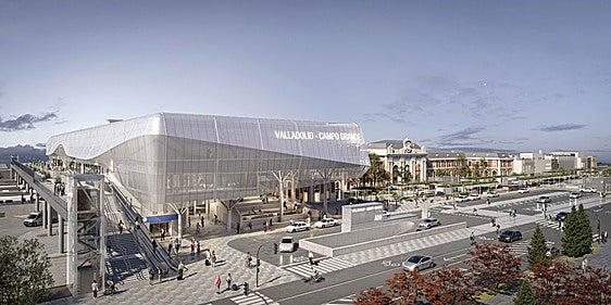 Infografía del futuro aspecto de la estación de trenes de Campo Grande con el nuevo edificio y la pasarela.