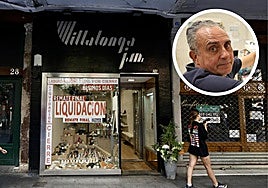 Puerta de la zapatería Villalonga y en el círculo, su dueño, Gonzalo Villalonga.