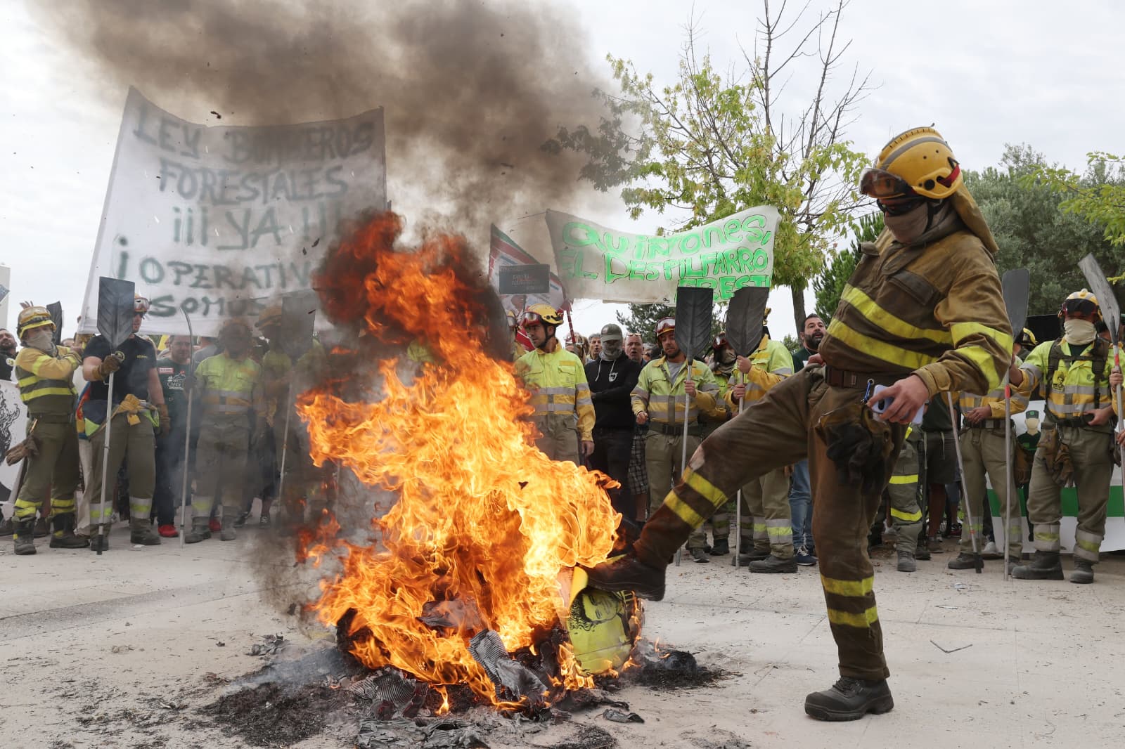 Las imágenes de la concentración en las Cortes en protesta por la gestión de los incendios forestales