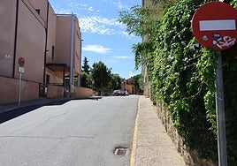 Señal que informa de la prohibición de circular en un sentido por una calle de Palazuelos de Eresma.