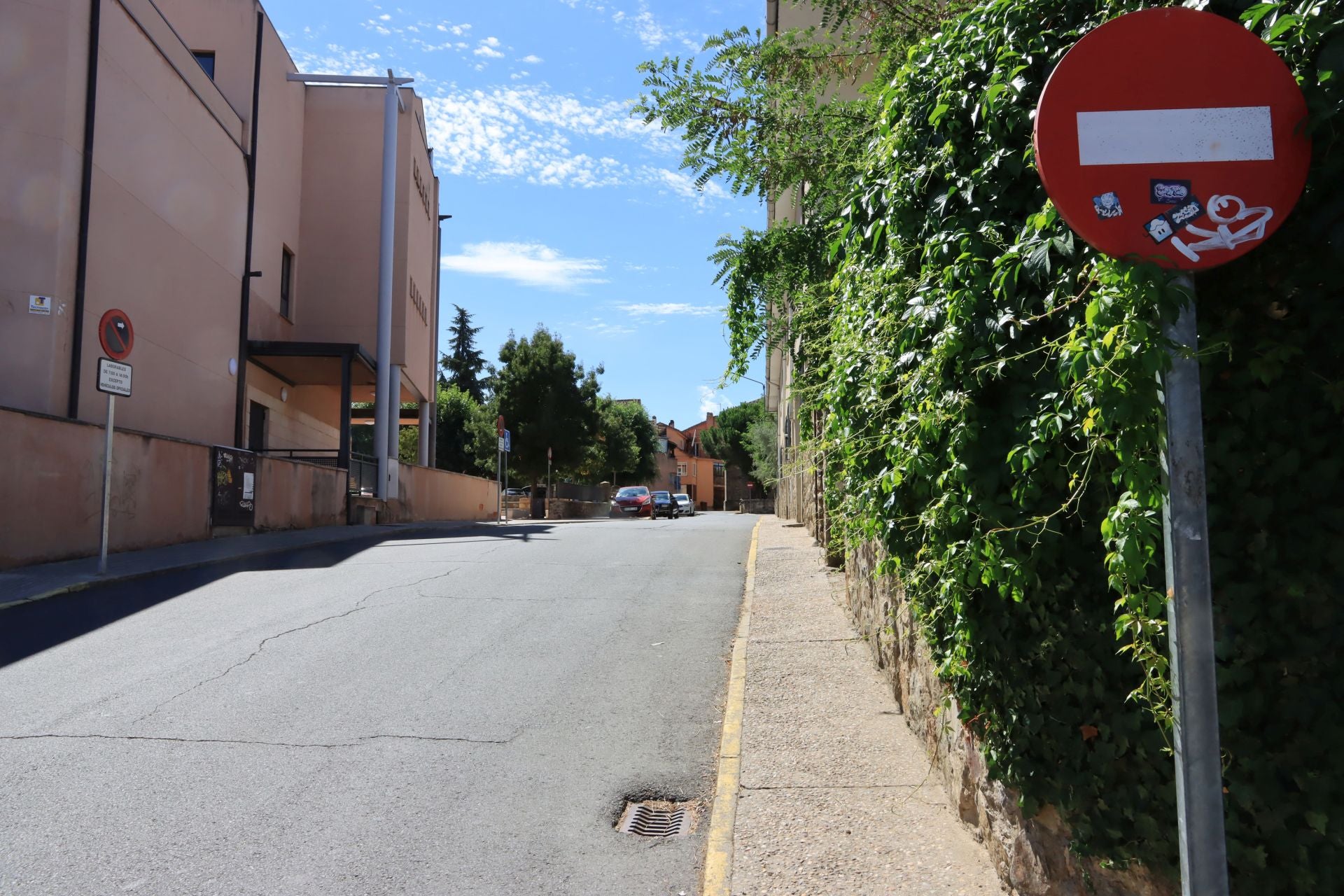 Señal que informa de la prohibición de circular en un sentido por una calle de Palazuelos de Eresma.