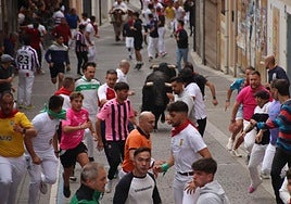 Varios mozos realizan carreras delante de dos de los toros en el primer encierro de Cuéllar.