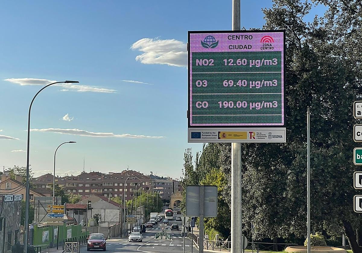 Panel muestra la calidad del aire en la carretera de San Rafael, en Segovia capital.