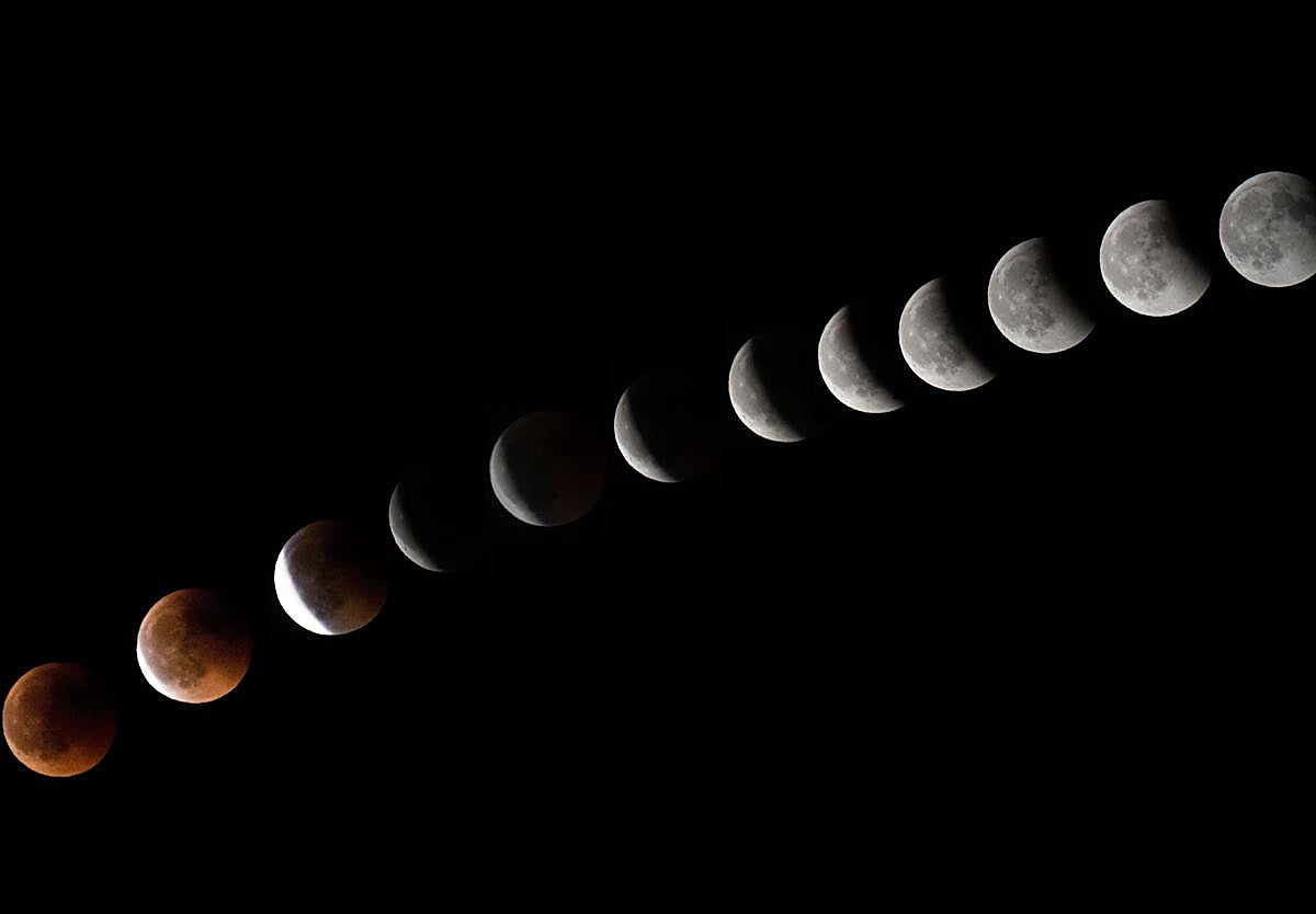 Las diferentes fases de un eclipse total de luna.
