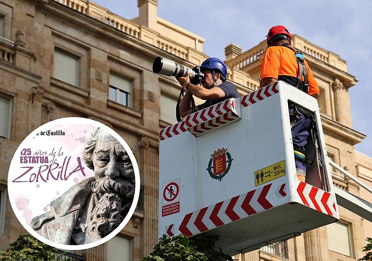 El fotógrafo de El Norte de Castilla, Alberto Mingueza en busca de la mejor fotografía para el suplemento especial del 125º aniversario de la Estatua de Zorrilla.