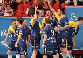 Los jugadores del Recoletas Valladolid celebran el triunfo en Huerta del Rey.