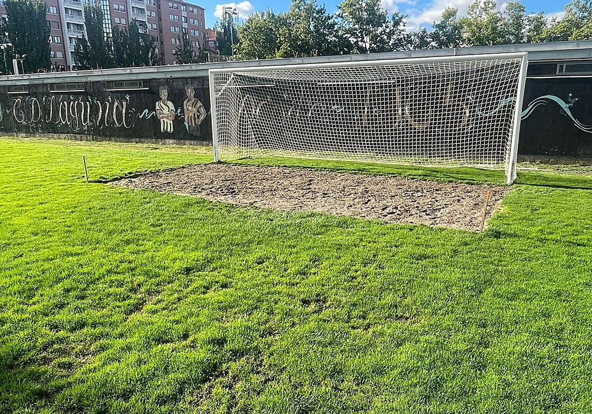 Estado del césped en una de las porterías de La Laguna.