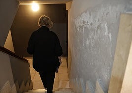 Una vecina baja por las escaleras del bloque lleno de humedades.