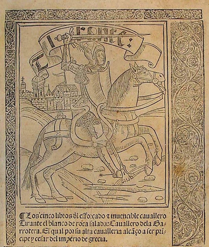 Imagen secundaria 2 - Arriba, monasterio de Nuestra Señora de Prado, donde Diego de Gumiel imprimió en 1511 el 'Tirante'. Abajo, otro ejemplar impreso por él y portada de la obra que se salvó del expurgo de la biblioteca del Quijote. 