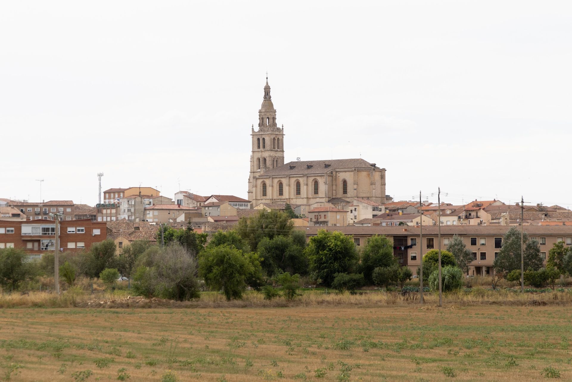 Vista de una zona urbana de Medina de Rioseco con la iglesia de Santa María al fondo.