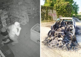 A la izquierda, un miembro de la banda del BMW se adentra en el estanco de Estépar. A la derecha, BMW calcinado en Corcos del Valle.